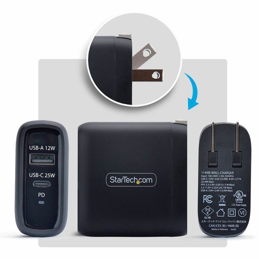 Alternate-Image2 Image for StarTech 37W USB-C & USB-A Wall Charger, Portable Charger with USB Power Delivery Fast Charging, 25W USB-C PD / 12W USB-A Output