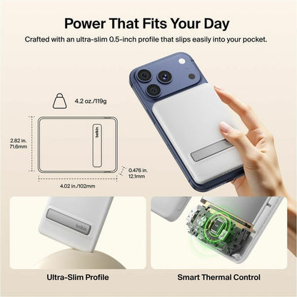 Alternate-Image6 Image for Belkin BoostCharge Slim Magnetic Power Bank 5K with Qi2, White, Kickstand