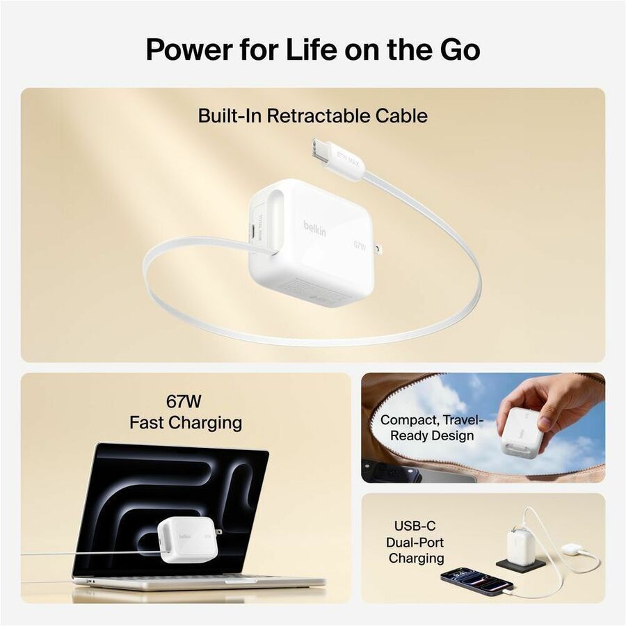 Alternate-Image1 Image for Belkin UltraCharge Retractable GaN Wall Charger 67W, White