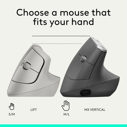 Alternate-Image9 Image for Logitech Lift Vertical Ergonomic Mouse, Wireless, Bluetooth or Logi Bolt USB receiver, Quiet clicks, 6 buttons, Sand