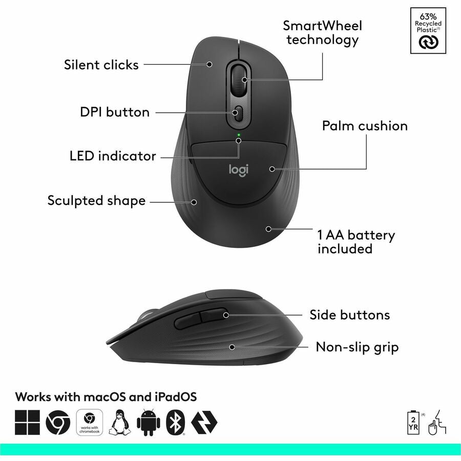 Alternate-Image1 Image for Logitech Signature Comfort Plus M850 L for Business, Wireless Mouse, Sculpted Design with Palm Cushion, Silent Clicks, Secure Receiver/Bluetooth, Windows/Mac/ChromeOS/Linux/iPadOS