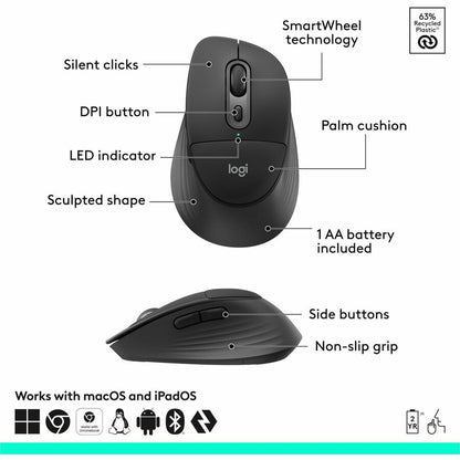 Alternate-Image1 Image for Logitech Signature Comfort Plus M850 L for Business, Wireless Mouse, Sculpted Design with Palm Cushion, Silent Clicks, Secure Receiver/Bluetooth, Windows/Mac/ChromeOS/Linux/iPadOS