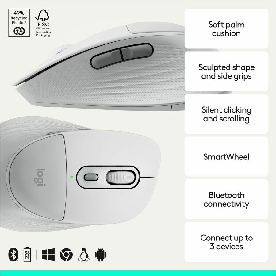 Alternate-Image1 Image for Logitech Signature Comfort Plus M850 L Wireless Mouse, Bluetooth Mouse with Palm Cushion, Silent Clicks, Off-white