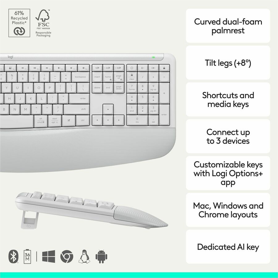 Alternate-Image1 Image for Logitech Signature Comfort Plus Combo MK880 Wireless Keyboard and Mouse Combo, Full-Size Comfort Keyboard with Palm Rest, Off-white