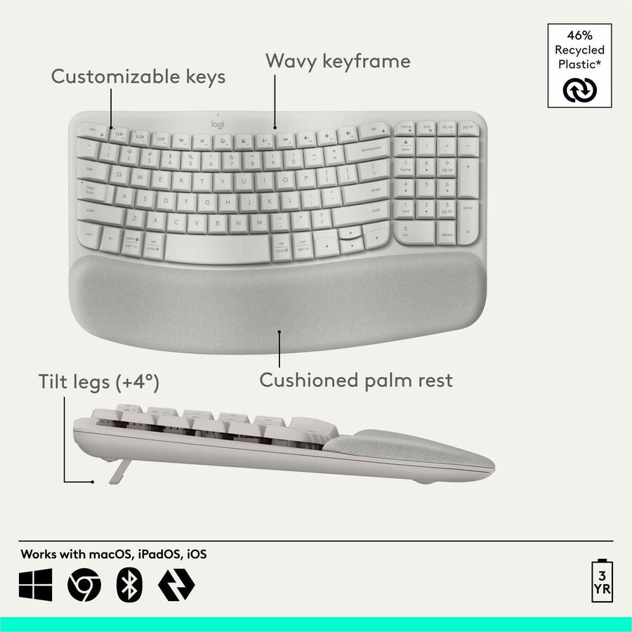 Alternate-Image5 Image for Logitech Wave Keys Wireless Ergonomic Keyboard with Cushioned Palm Rest, Comfortable Natural Typing, Easy-Switch, Bluetooth, Sand