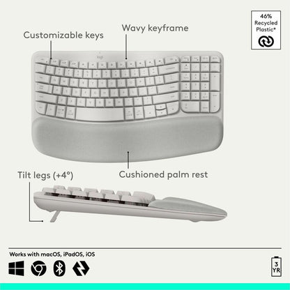 Alternate-Image5 Image for Logitech Wave Keys Wireless Ergonomic Keyboard with Cushioned Palm Rest, Comfortable Natural Typing, Easy-Switch, Bluetooth, Sand