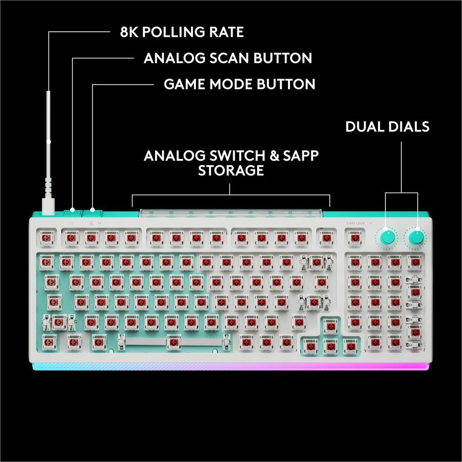 Alternate-Image4 Image for Logitech G512 X 98 DUAL SWAP, Hot-Swappable TMR Analog / Mechanical Gaming Keyboard, 8K Polling Rate, Custom Actuation 0.1 - 4.0 mm, RAPID TRIGGER, LIGHTSYNC RGB, Wired, PC, Mac, White Linear