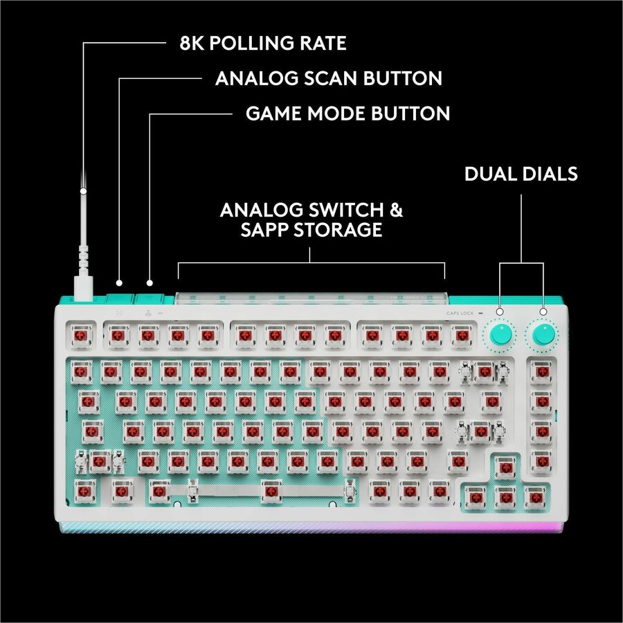 Alternate-Image4 Image for Logitech G512 X 75 DUAL SWAP, Hot-Swappable TMR Analog / Mechanical Gaming Keyboard, 8K Polling Rate, Custom Actuation 0.1 - 4.0 mm, RAPID TRIGGER, LIGHTSYNC RGB, Wired, PC, Mac, White Tactile