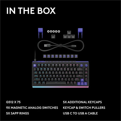 Alternate-Image10 Image for Logitech G512 X 75 DUAL SWAP, Hot-Swappable TMR Analog / Mechanical Gaming Keyboard, 8K Polling Rate, Custom Actuation 0.1 - 4.0 mm, RAPID TRIGGER, LIGHTSYNC RGB, Wired, PC, Mac, Black Tactile