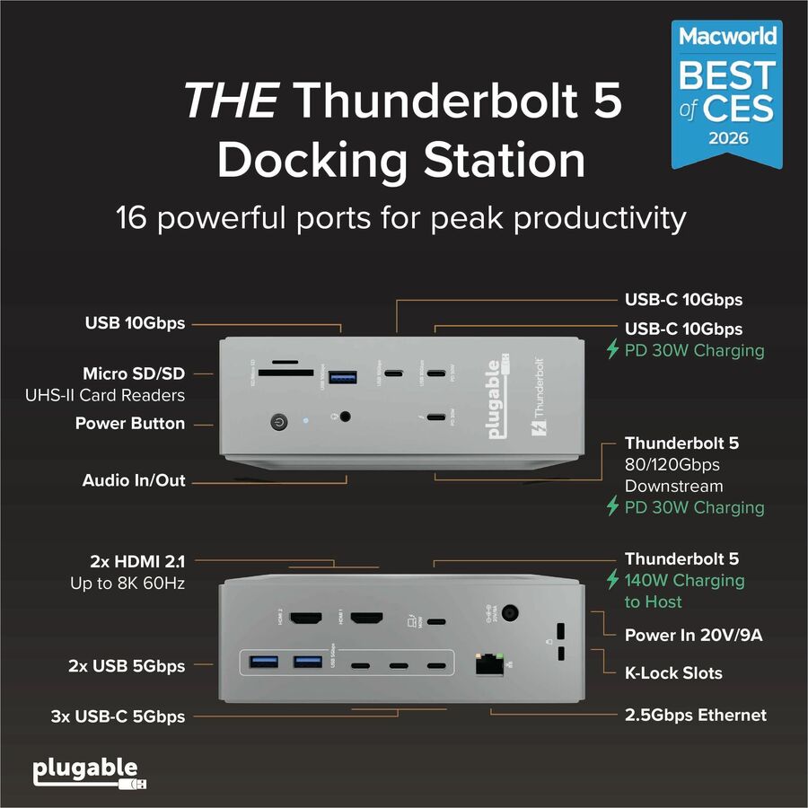 Alternate-Image1 Image for Plugable Thunderbolt 5 Dock: 16-in-1, Dual HDMI 2.1 Up to 8K 60Hz / 4K 144Hz, 140W Laptop Charging, 2.5GbE, Fanless