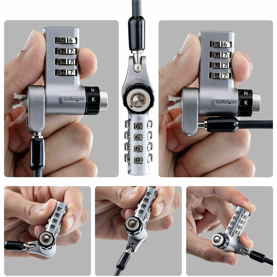 Alternate-Image1 Image for StarTech 10-Pack 3-in-1 Dual-Access Laptop Lock, 6.6ft (2m) Keyed Alike/Combination for Noble Wedge&reg;/Nano/K-Slot; Anti-Theft, TAA