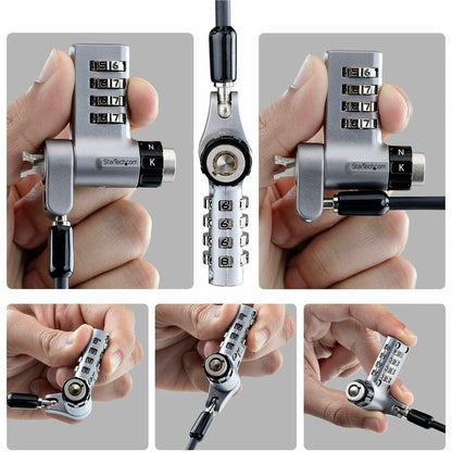 Alternate-Image1 Image for StarTech 10-Pack 3-in-1 Dual-Access Laptop Lock, 6.6ft (2m) Keyed Alike/Combination for Noble Wedge&reg;/Nano/K-Slot; Anti-Theft, TAA