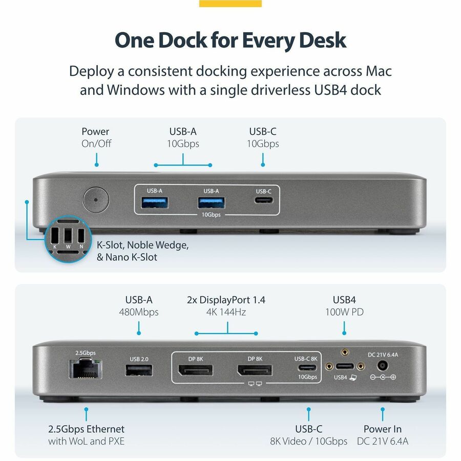 Alternate-Image8 Image for StarTech USB4 Docking Station, Driverless Dual 4K for macOS and Windows, Universal USB-C Dock with 100W Laptop Charging and 2.5GbE