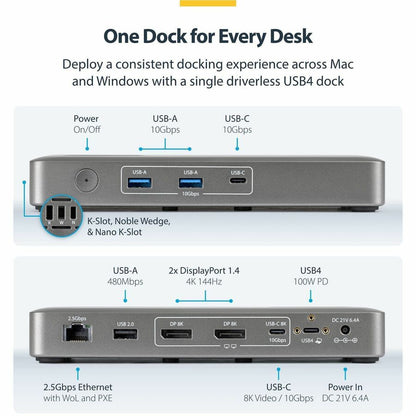 Alternate-Image8 Image for StarTech USB4 Docking Station, Driverless Dual 4K for macOS and Windows, Universal USB-C Dock with 100W Laptop Charging and 2.5GbE
