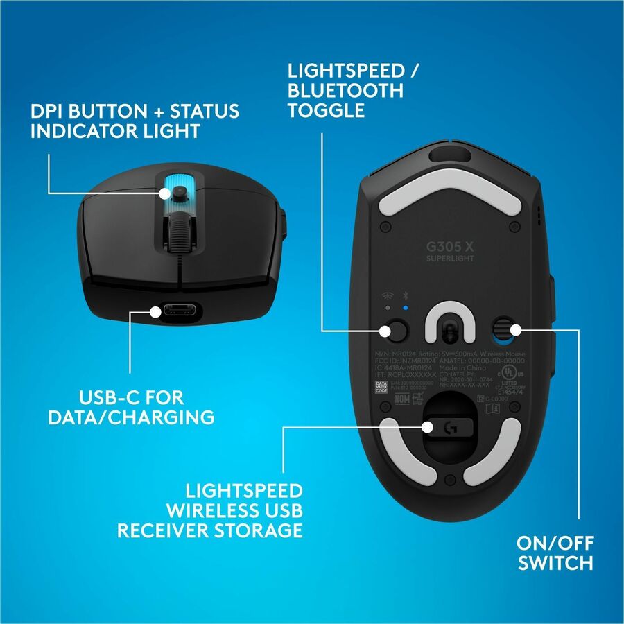 Alternate-Image9 Image for Logitech G305 X SUPERLIGHT Wireless Gaming Mouse, Lightweight 59 g Rechargeable PC Gaming Mouse, HERO 44K Sensor, Bluetooth, Black