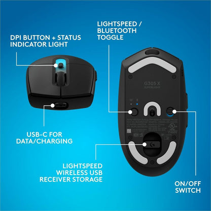 Alternate-Image9 Image for Logitech G305 X SUPERLIGHT Wireless Gaming Mouse, Lightweight 59 g Rechargeable PC Gaming Mouse, HERO 44K Sensor, Bluetooth, Black