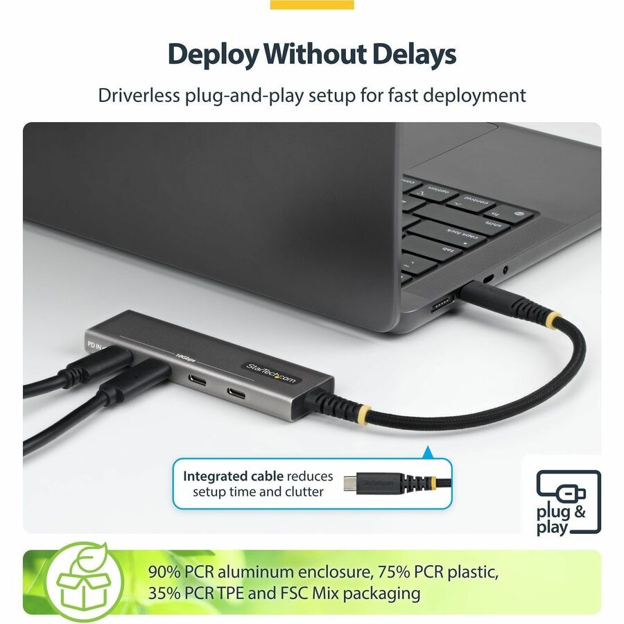 Alternate-Image2 Image for StarTech 4-Port USB-C Hub, 10Gbps, 100W PD Charging, 4x USB-C Ports, Overcurrent Protection, PCR Aluminum, For Laptop/Tablet