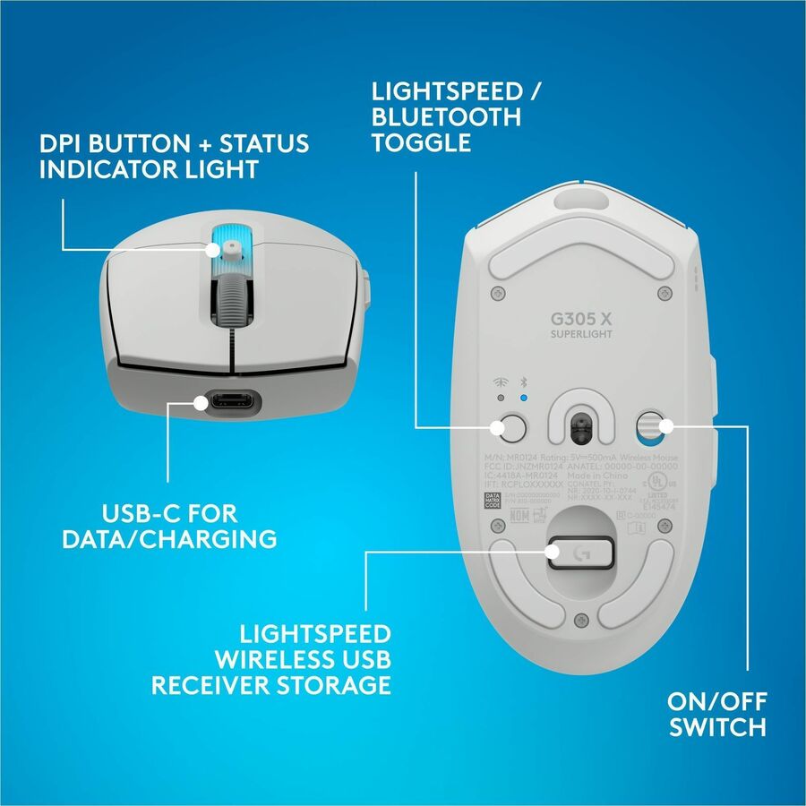 Alternate-Image9 Image for Logitech G305 X SUPERLIGHT Wireless Gaming Mouse, Lightweight 59 g Rechargeable PC Gaming Mouse, HERO 44K Sensor, Bluetooth, White