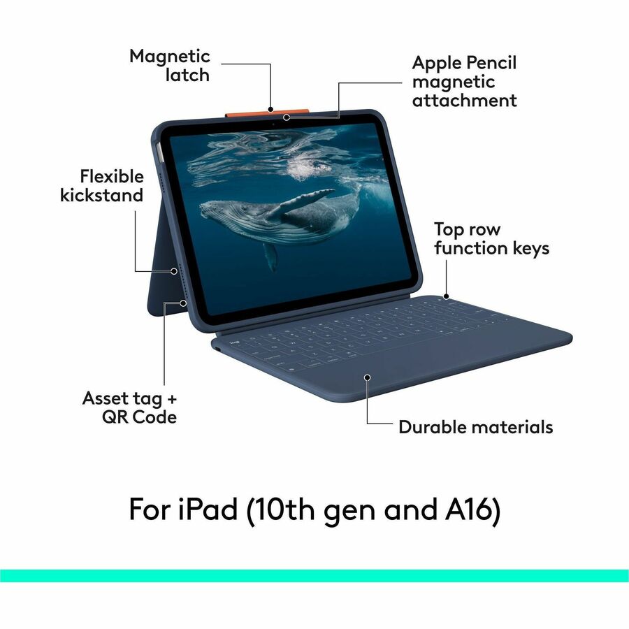 Alternate-Image5 Image for Logitech Rugged Combo 4c iPad Keyboard Case: iPad (10th Gen, A16) Case with Military-Grade Drop Protection, USB-C Charging Port, Smart Connector, Pencil Holder