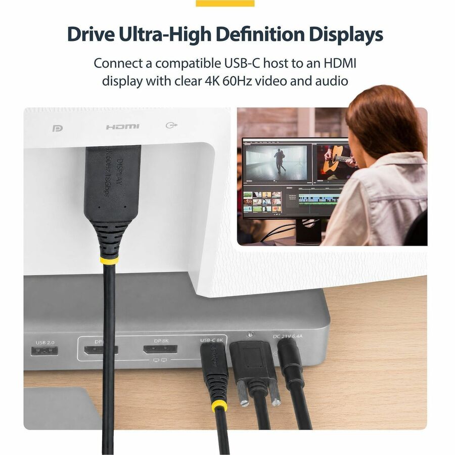 Alternate-Image2 Image for StarTech 6ft USB-C to HDMI Adapter Cable with Gripping Connector, 4K 60Hz, HDR, Uni-directional USBC to HDMI Video Converter