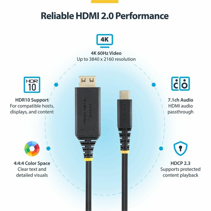 Alternate-Image4 Image for StarTech 6ft USB-C to HDMI Adapter Cable with Gripping Connector, 4K 60Hz, HDR, Uni-directional USBC to HDMI Video Converter