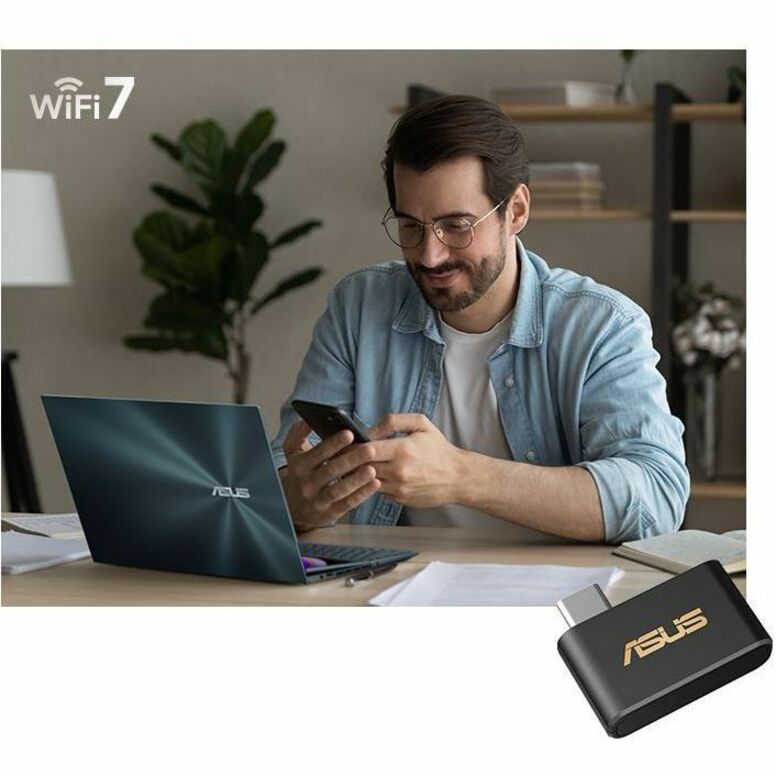 Life-Style Image for Asus USB-BE93 Mini IEEE 802.11a/b/g/n/ac/ax/be Tri Band Wi-Fi Adapter for Notebook, Desktop Computer