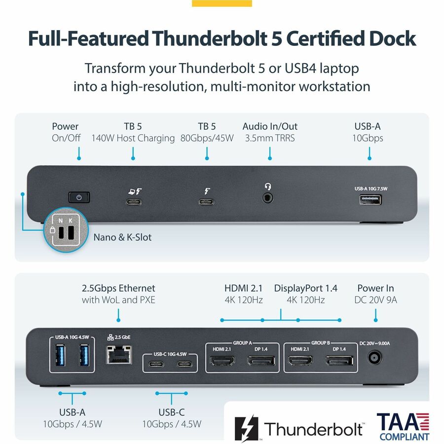 Right Image for StarTech Thunderbolt 5 Universal Docking Station for Mac & Windows with Quad Monitors, 140W PD, 120Gbps, 2.5Gb Ethernet, USB-C & USB-A