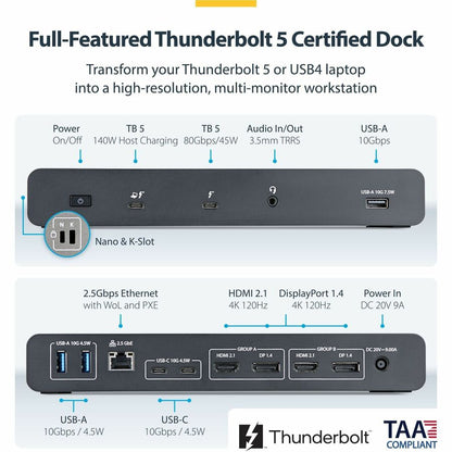 Right Image for StarTech Thunderbolt 5 Universal Docking Station for Mac & Windows with Quad Monitors, 140W PD, 120Gbps, 2.5Gb Ethernet, USB-C & USB-A