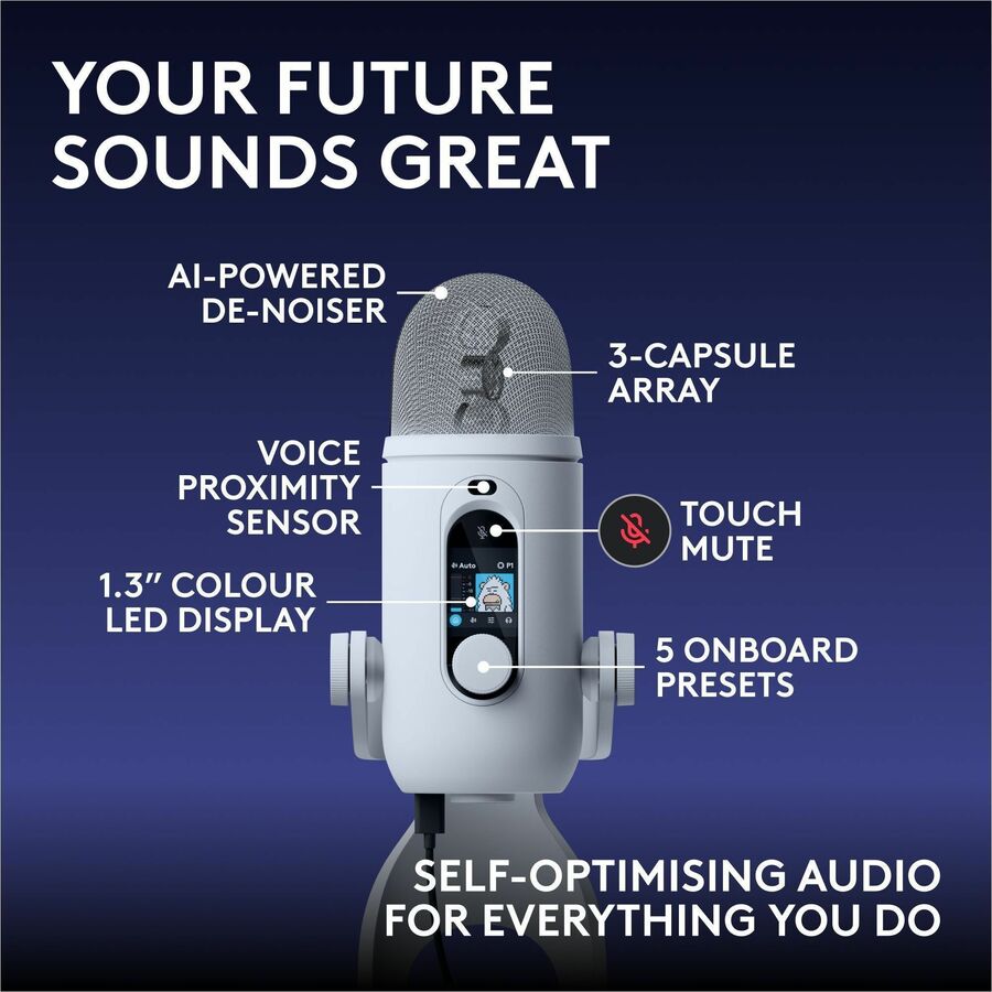 Alternate-Image2 Image for Logitech G Blue Yeti 2 USB Mic for Gaming, Voice Proximity Sensor, AI-Powered De-Noiser, White