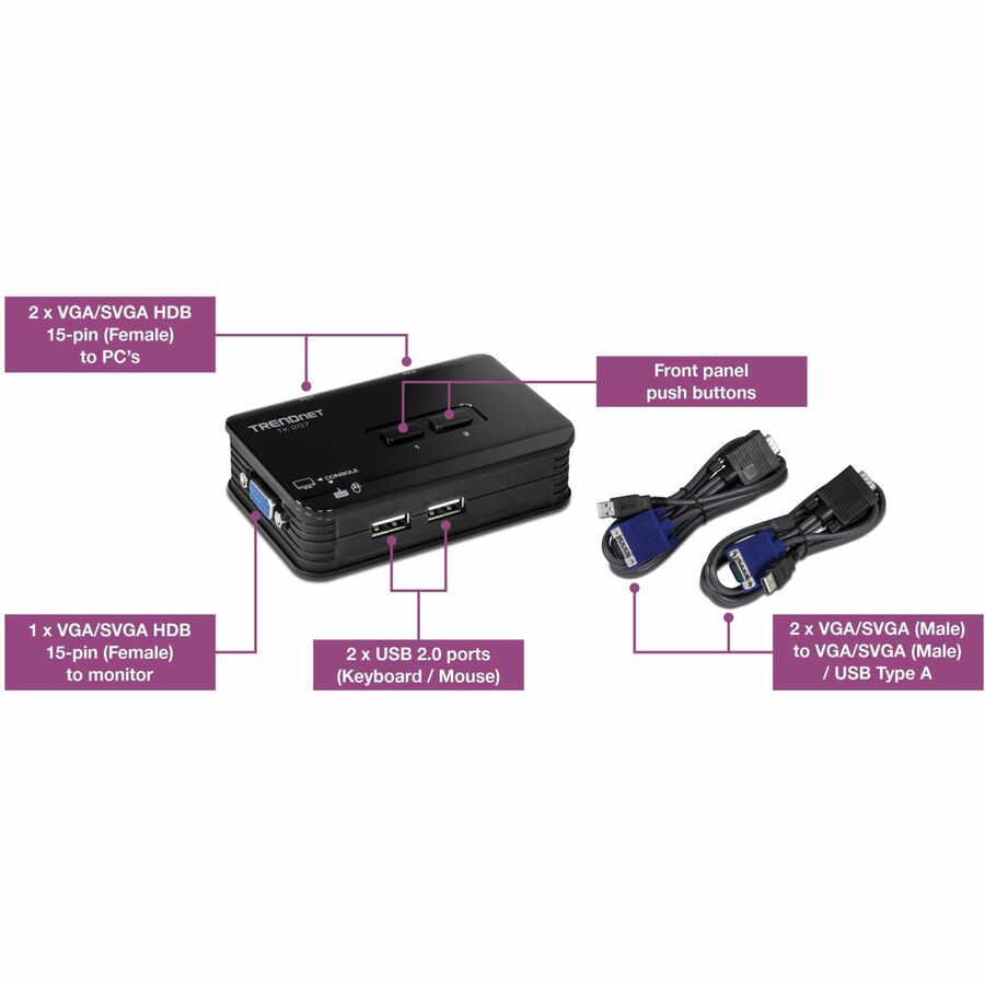 Alternate-Image3 Image for TRENDnet 2-Port USB KVM Switch And Cable Kit, 2048 x 1536 Resolution, Device Monitoring, Auto-Scan, Audible Feedback, USB 1.1, Compliant With Windows And Linux, Hot-Pluggable, White, TK-207K