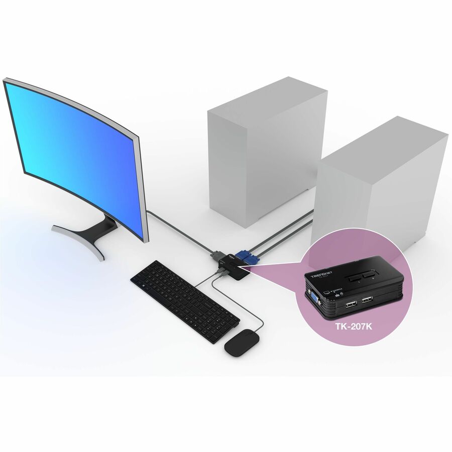 Alternate-Image2 Image for TRENDnet 2-Port USB KVM Switch And Cable Kit, 2048 x 1536 Resolution, Device Monitoring, Auto-Scan, Audible Feedback, USB 1.1, Compliant With Windows And Linux, Hot-Pluggable, White, TK-207K