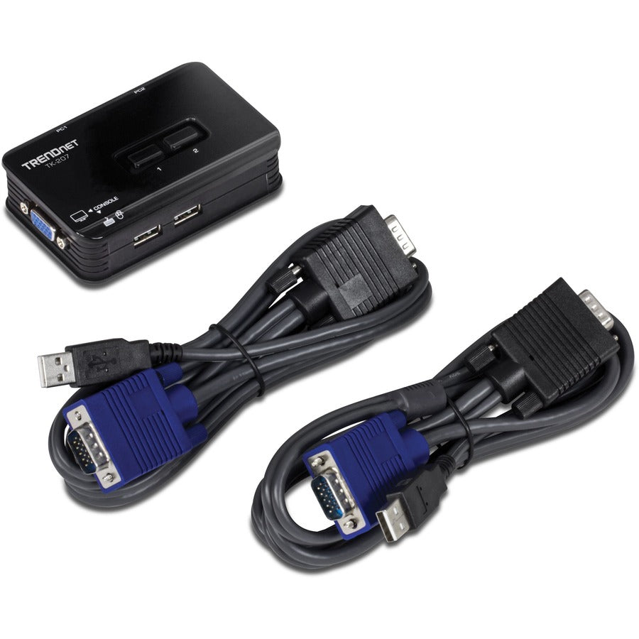 Alternate-Image1 Image for TRENDnet 2-Port USB KVM Switch And Cable Kit, 2048 x 1536 Resolution, Device Monitoring, Auto-Scan, Audible Feedback, USB 1.1, Compliant With Windows And Linux, Hot-Pluggable, White, TK-207K
