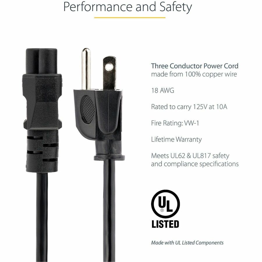 Alternate-Image2 Image for StarTech.com 6ft (1.8m) Laptop Power Cord, NEMA 5-15P to C5 (Clover Leaf), 10A 125V, 18AWG, Laptop Replacement Cord, Power Brick Cable