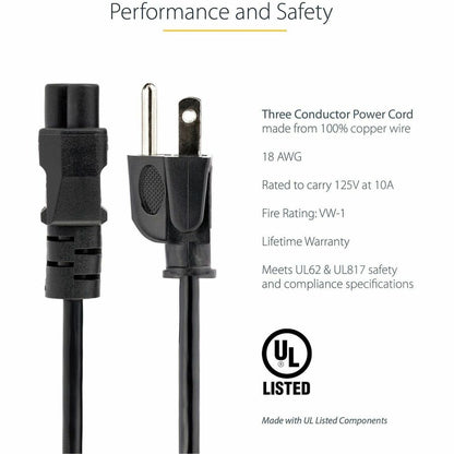 Alternate-Image2 Image for StarTech.com 6ft (1.8m) Laptop Power Cord, NEMA 5-15P to C5 (Clover Leaf), 10A 125V, 18AWG, Laptop Replacement Cord, Power Brick Cable