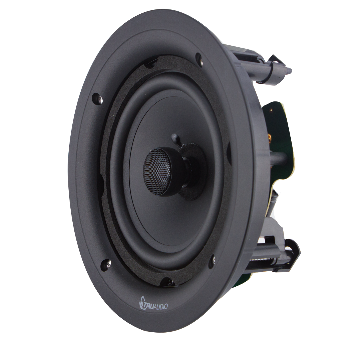 Angled view of the Phantom 6.5" in-ceiling speaker with frameless Ghost™ grille
