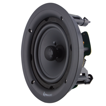 Angled view of the Phantom 6.5" in-ceiling speaker with frameless Ghost™ grille