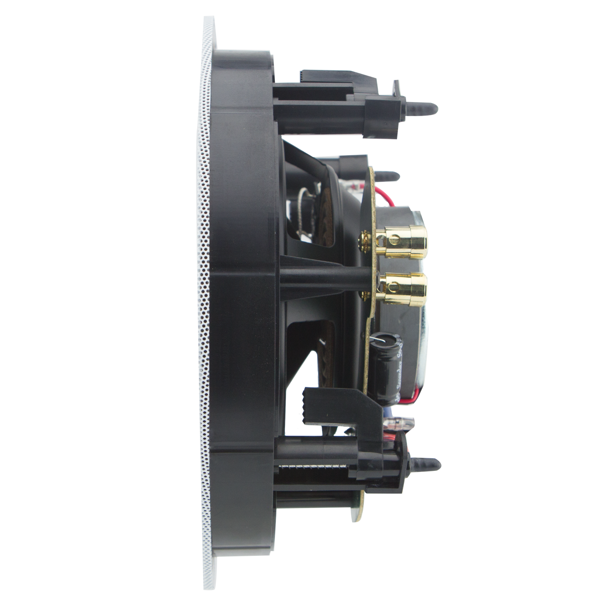 Side view Phantom speaker showing silk dome tweeter and polypropylene woofer
