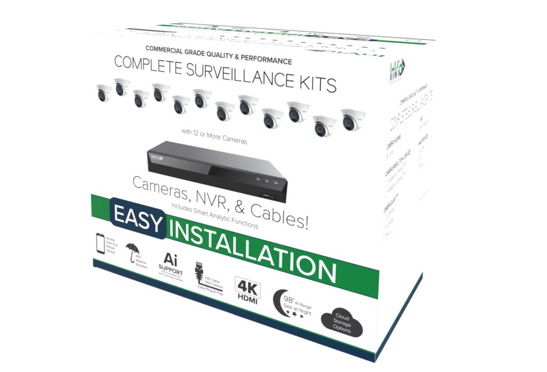 Retail box for InVid PRTKIT-8MP16CHTX12-4T surveillance kit showing 12 AI cameras, NVR, and 100' cable per camera

