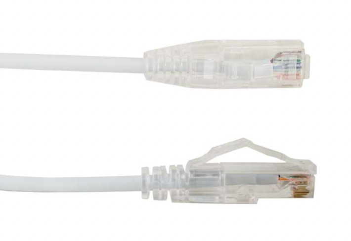 Front close-up of RJ45 unshielded plug with gold-plated 8P8C pins