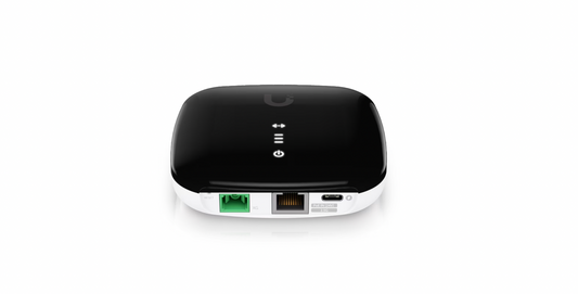 Ubiquiti UISP Fiber XG top view with LED indicators and compact square design
