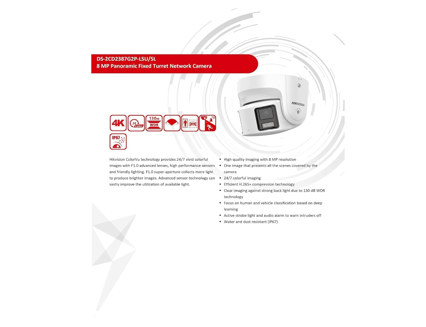 Hikvision 180° 4MP Turret Camera with ColorVu, 2.8mm lens, and built-in mic
product details