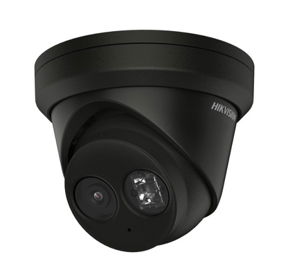 Hikvision 8MP Turret IP Camera with 2.8mm lens, IR, AcuSense, and built-in microphone side angle
