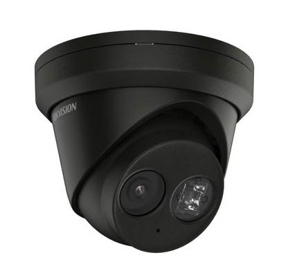 Hikvision 8MP Turret IP Camera with 2.8mm lens, IR, AcuSense, and built-in microphone side angle
