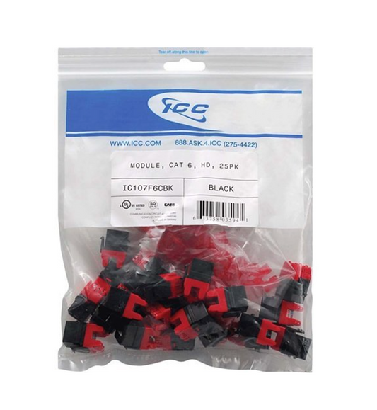 ICC CAT6 HD keystone jack 25-pack in black with resealable bag and caps
