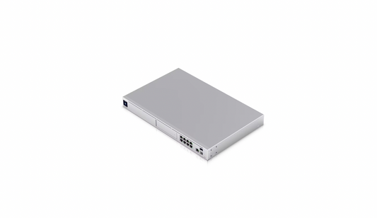 Ubiquiti UDM-Pro front panel with LCD and rackmount ports
