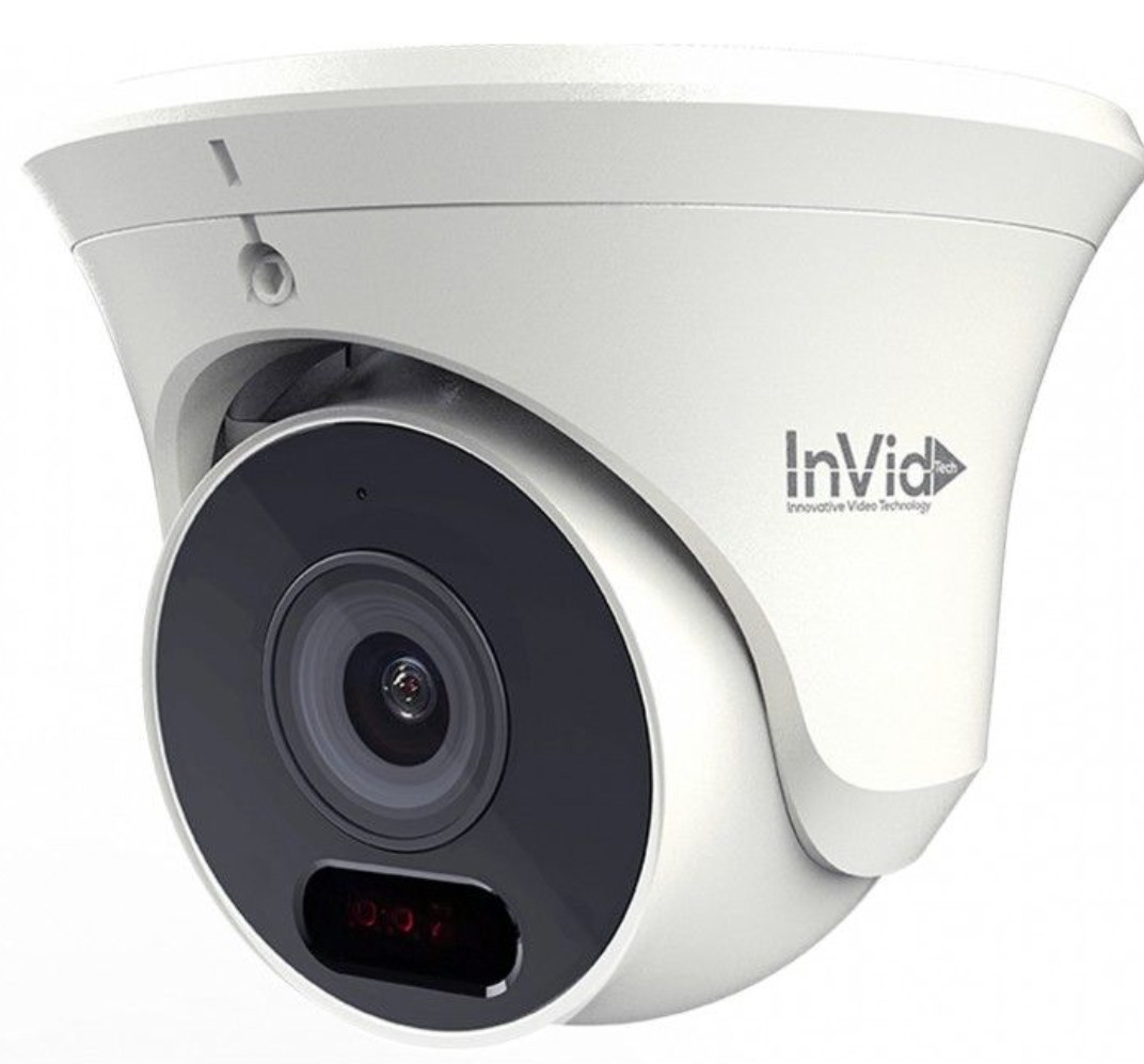 Close-up of InVid Tech 8MP turret security camera with built-in microphone and IR LEDs