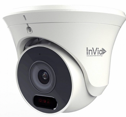 Close-up of InVid Tech 8MP turret security camera with built-in microphone and IR LEDs