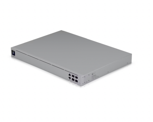 Front angle view of Ubiquiti Gateway Enterprise showing dual 25G SFP28 and 2.5GbE RJ45 ports

