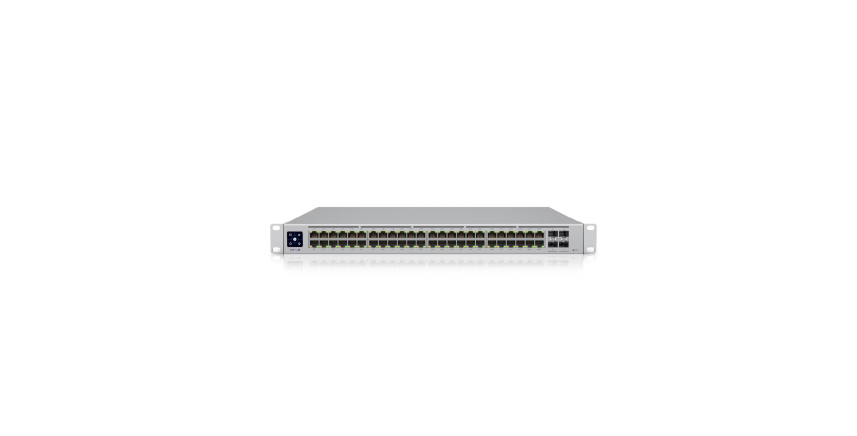 Front-facing view of Ubiquiti USW-PRO-48-POE with rack ears mounted and all ports visible