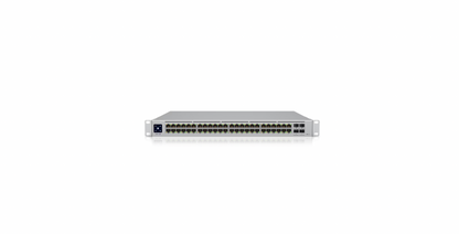 Front-facing view of Ubiquiti USW-PRO-48-POE with rack ears mounted and all ports visible